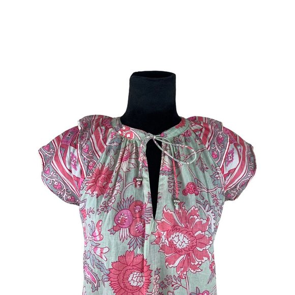 Anthropologie Jennifer & Grace Colorful Floral Short Puff Sleeve Blouse - Picture 2 of 10
